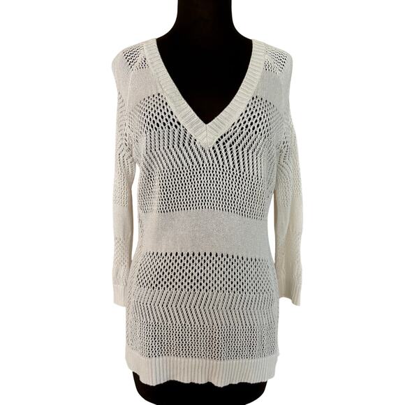 Cache White Peek-a-boo Crochet Stretch Knit V Neck Banded Bottom Open Back Top - Picture 1 of 4